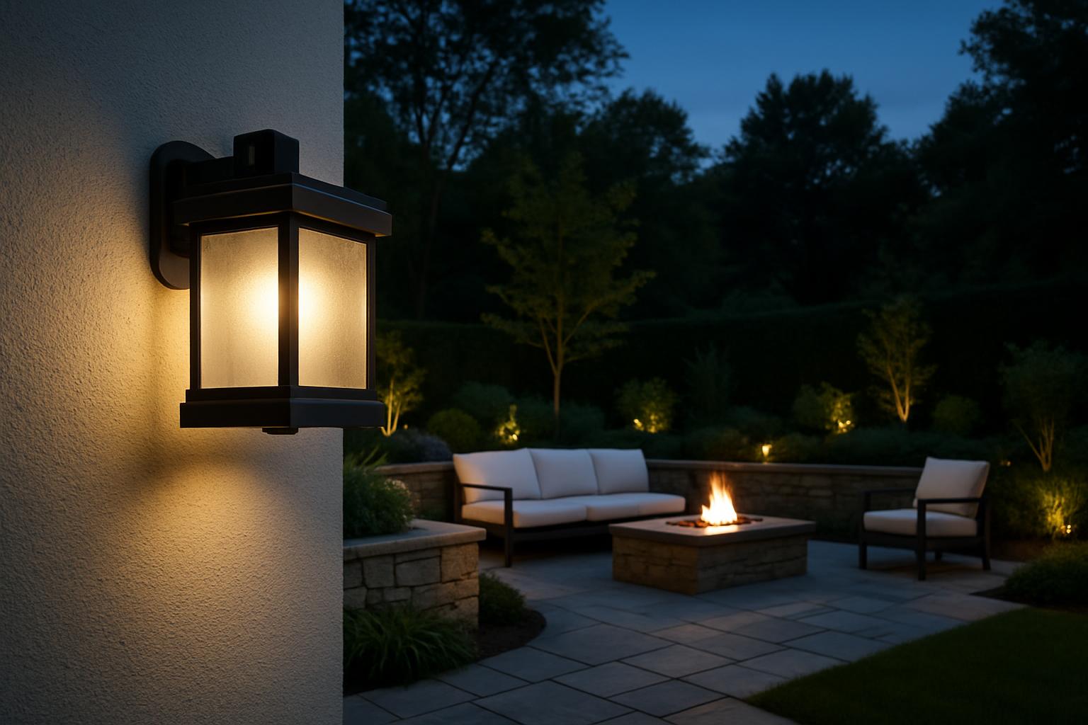 Modern backyard patio with outdoor seating, serrated green landscaping plants, and a fire pit, including stone walls and g...